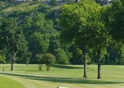 Man Riding Golf Cart on Golf Course with Houses up on a Hill in the Distance